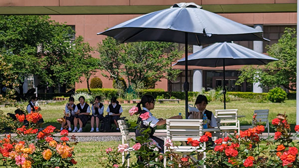 共立女子第二_バラが咲き誇る中庭は、生徒たちの憩いの場の一つ